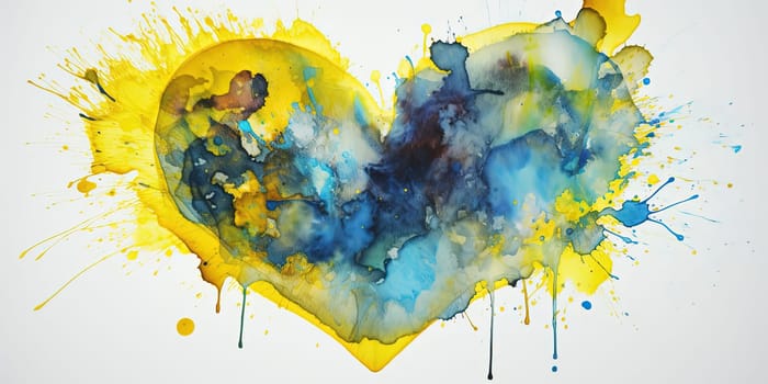 Splashes of blue and yellow paint in the shape of a heart. Ukraine. generative AI