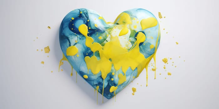 Splashes of blue and yellow paint in the shape of a heart. Ukraine. generative AI
