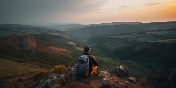 lonely traveler with backpack sitting in mountains and looking at far, amazing landscape panoramic view, generative AI