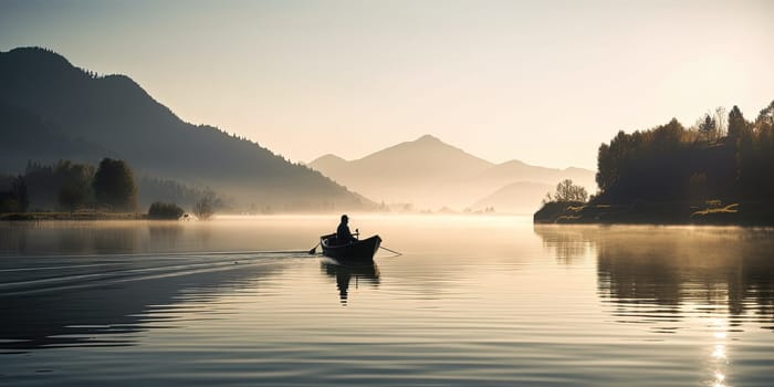 amazing morning panoramic view on a mountain lake with the fisher boat silhouette, generative AI