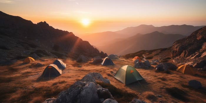 beautiful landscape View on mountains sunrise with tourist tents on a hill, generative AI