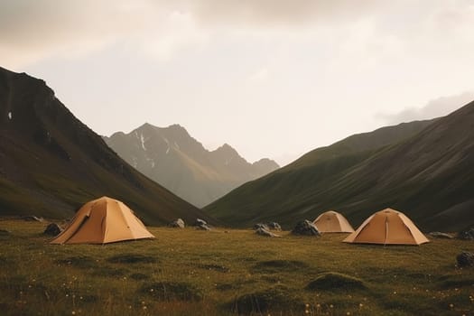 tourist tents in a tourist camp in the mountains in the morning, generative AI