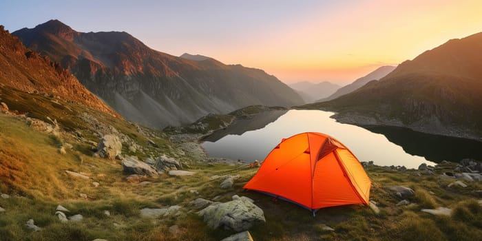 Orange tourist tent in mountains over Mountain Lake, beautiful landscape View in the evening, generative AI