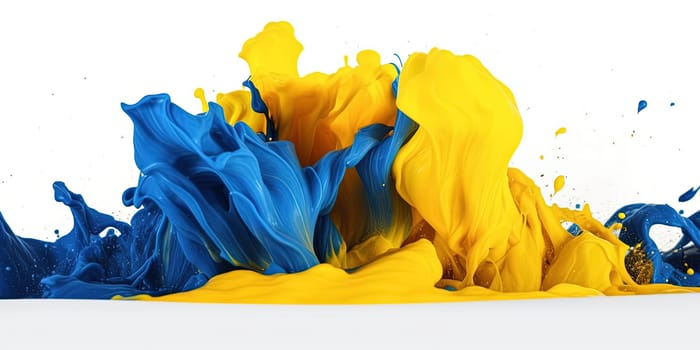 blue and yellow splashes of paints Ukrainian national flag colors on a white background, generative AI