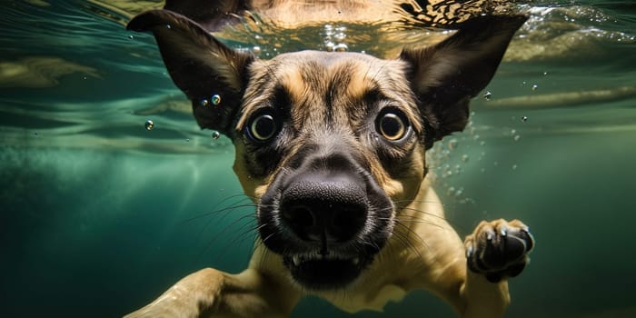 cute muzzle of funny angry dog swimming in the water, underwater View, generative AI