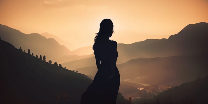 Silhouette of a girl in the mountains at sunset. Beautiful landscape Generative, generative AI, AI
