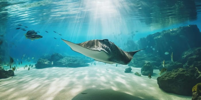 Stingray fish swims underwater in the sea, generative AI