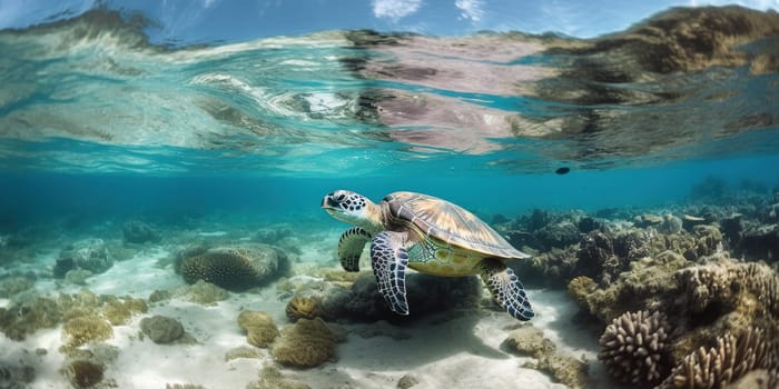 big water turtle swimming in the ocean near the bottom, underwater life, generative AI