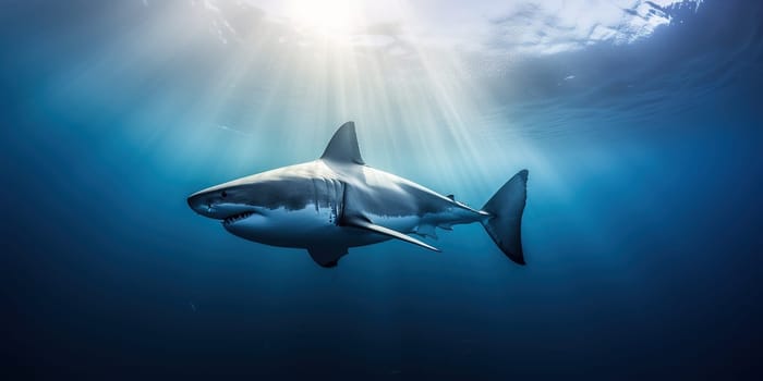 big white shark swimming in the ocean water near the surface with the sunlight underwater, generative AI