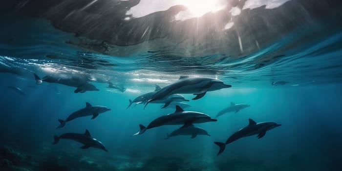 flock of dolphins underwater in the sea near the surface swimming and hunting, underwater view with the sun rays, generative AI