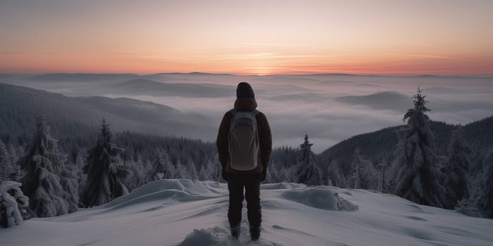 lonely tourist with backpack in a snowy winter mountains looking at far at amazing sunset, generative AI