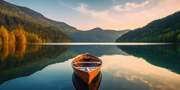 lonely empty fisher boat floating on a calm surface of Lake through the mountains, generative AI
