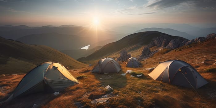 beautiful landscape View on mountains sunrise with tourist tents on a hill, generative AI