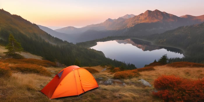 Orange tourist tent in mountains over Mountain Lake, beautiful landscape View in the evening, generative AI