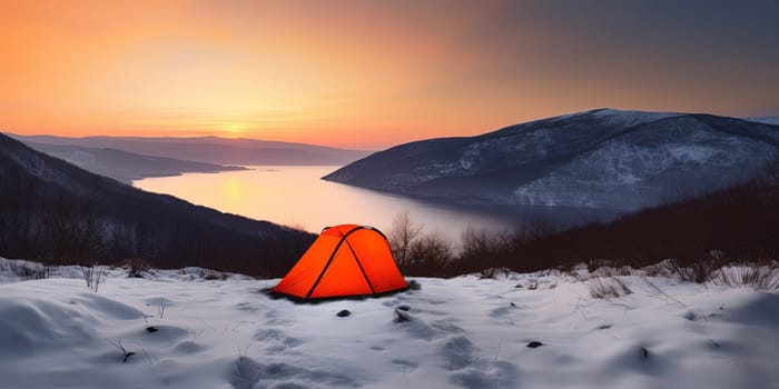 lonely tourist orange tent on a snow near Mountain Lake in the mountains, beautiful panoramic Sunset View, generative AI