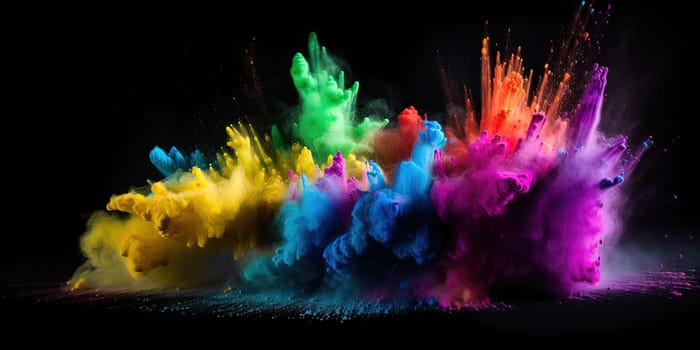 multicolor neon powder holi paints blew up, colorful splashes and drops on a black background, generative AI