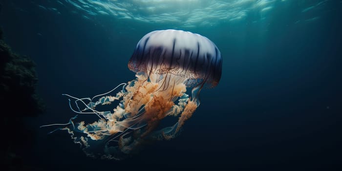 beautiful big jellyfish underwater close to the surface of water, generative AI