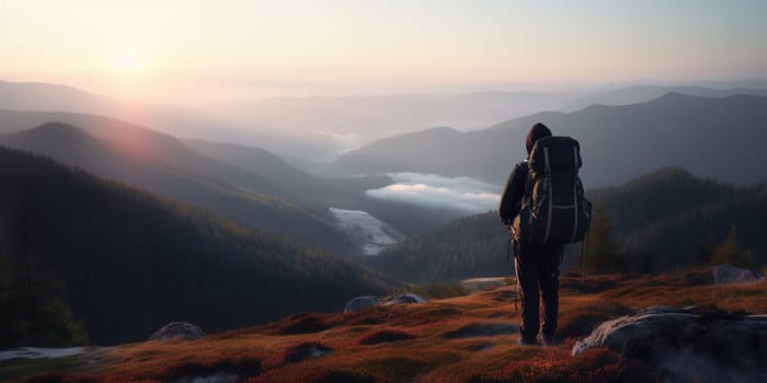 lonely hiker with backpack in mountains at sunset, generative AI