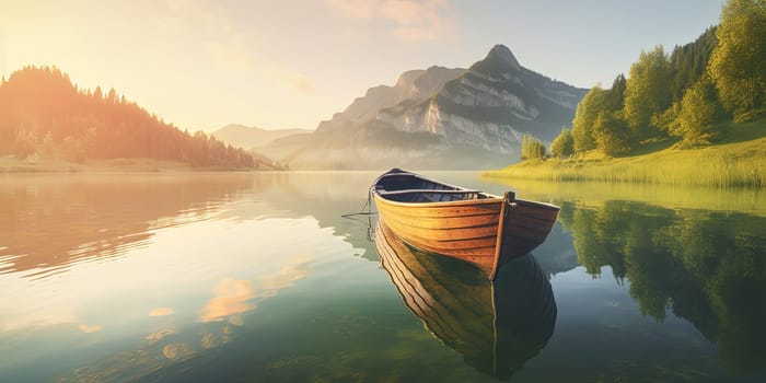 lonely empty fisher boat floating on a calm surface of Lake with a amazing mountains landscape far, generative AI