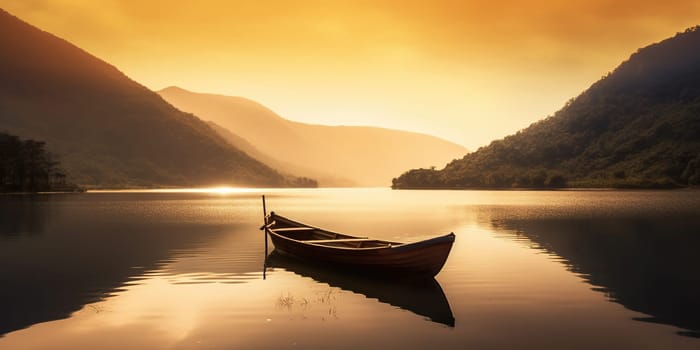 Sunset amazing view on a mountain lake with a lonely fisher boat, generative AI