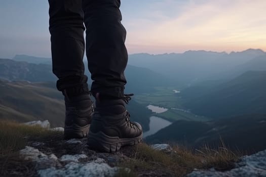 boots of lonely Backpacker on the hill of the mountain against amazing panoramic view, generative AI