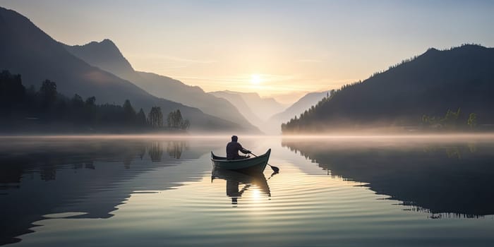 silhouette of Fisher in a boat floating on a calm surface of Mountain Lake, amazing panoramic Morning View on it Misty Lake, generative AI