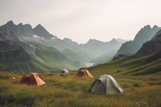 tourist tents in a tourist hiking camp in the mountains in the morning, generative AI