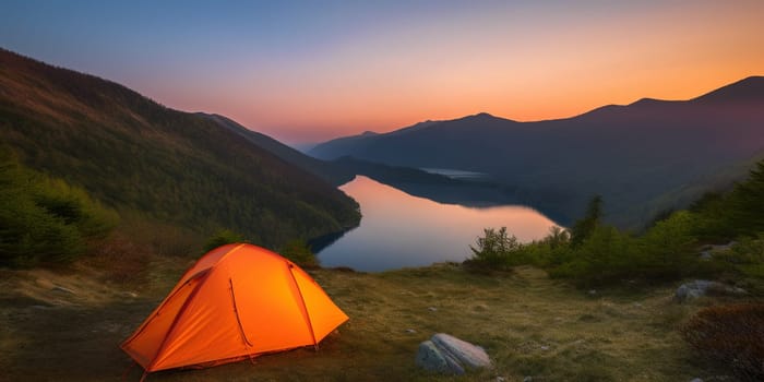 Orange tourist tent in mountains near Mountain Lake, beautiful landscape View in the evening, generative AI