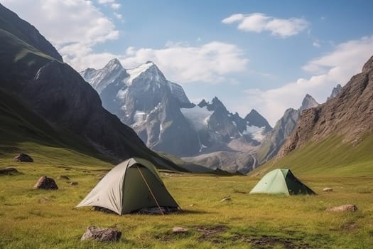 tourist camp in the valley in high mountains, hiking tourism at weekends, generative AI