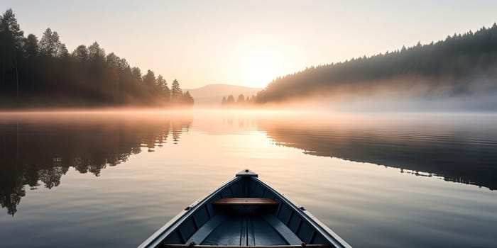 amazing panoramic view with the bow of the boat floating on a calm surface of Misty Mountain Lake at sunrise, generative AI