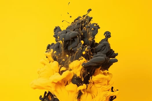 drops and splashes of black and yellow colors paints on a yellow background, generative AI