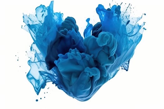 splashes of bursted azure blue color paint in heart shape isolated on a white background, generative AI