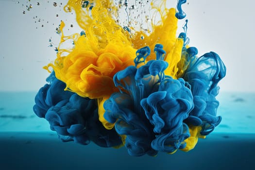 blow up splashes of paints in yellow and blue Ukrainian national flag colors, generative AI