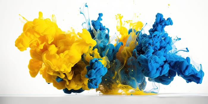 colorful density smoke in blue and yellow colors blew up on a white background, generative AI