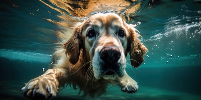 cute muzzle of Cocker Spaniel breed dog swimming in the water, underwater View, generative AI