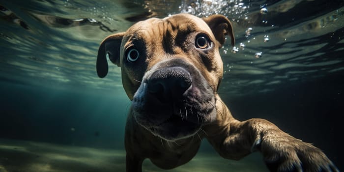 cute muzzle of boxer breed dog swimming in the water, underwater View, generative AI