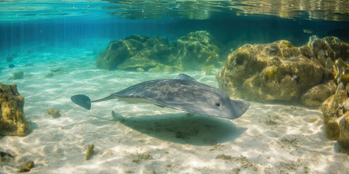 Stingray fish swims underwater in the sea at the very bottom, shoot of rich underwater life, generative AI