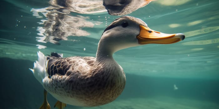 duck snorkeling and swimming underwater in the river, generative AI