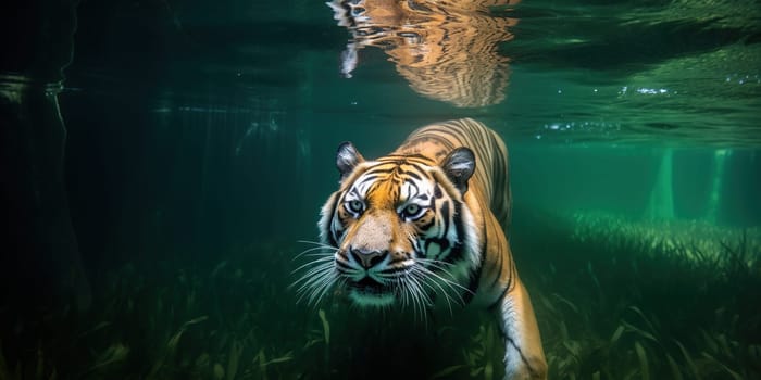 wild tiger swimming in the water of river, underwater View of wild nature, generative AI