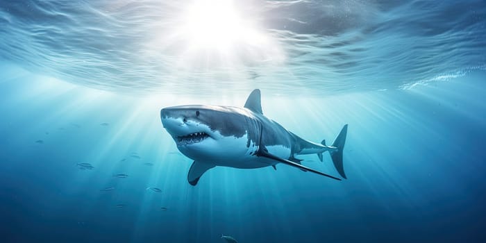 big white shark underwater with the sun rays in the water, generative AI