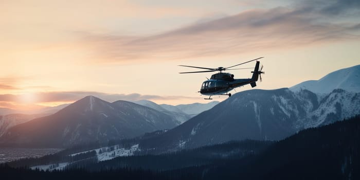 rescue helicopter flying in the sky above the high mountain range, rescue operation in the mountains in the evening, generative AI