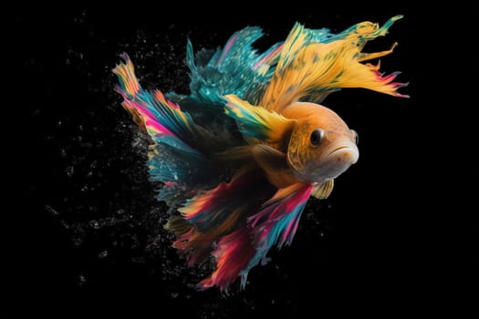 close up gold fish with lush colorful vivid tail and water drops on a black background, generative AI