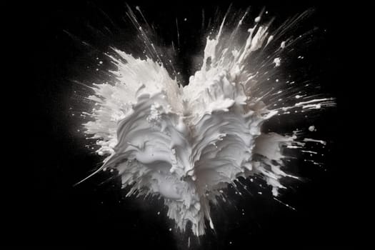 bursted drops and splashes of white paint in heart shape isolated on a black background, generative AI
