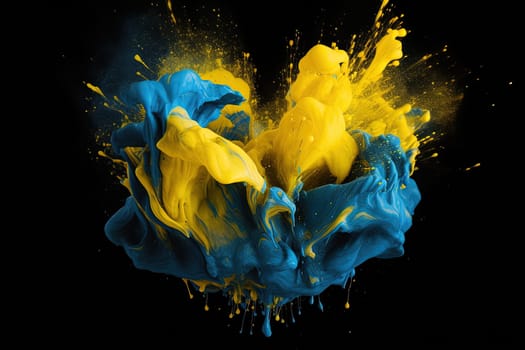 bursted yellow and blue color paints on a black background Ukrainian national flag colors in heart shape, generative AI