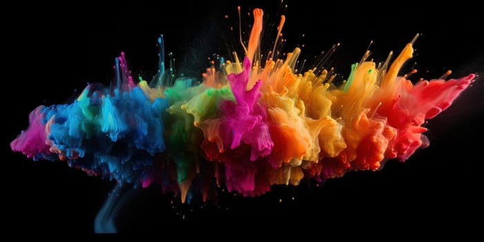 multicolor rainbow Paint blew up, colorful splashes and drops on a black background, generative AI