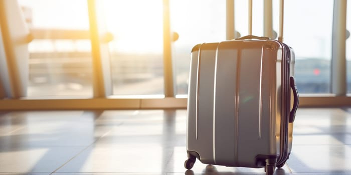 Grey Lonely Suitcase In Airport Hall , Concept Of Air Travelling