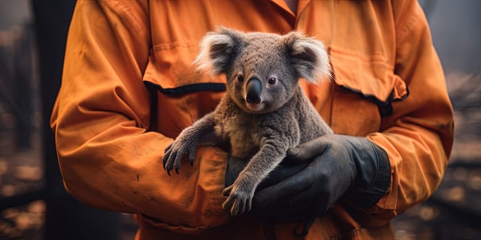 Fireman Holding Wild Koala Bear Child During Fire In Forest , Concept Nature Wild Life Saving