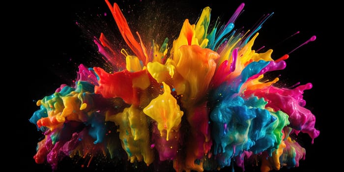 multicolor rainbow Paint blew up, colorful splashes and drops on a black background, generative AI