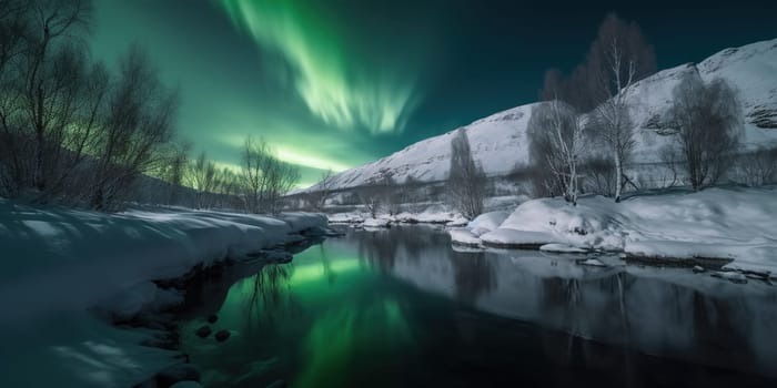 amazing night panoramic view on the lake in the mountains with a green Northern Lights in a night sky, generative AI