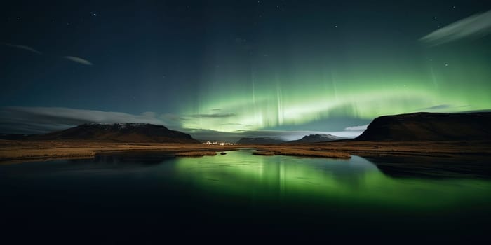 amazing scene of green Aurora natural phenomenon near the Arctic Circle, generative AI